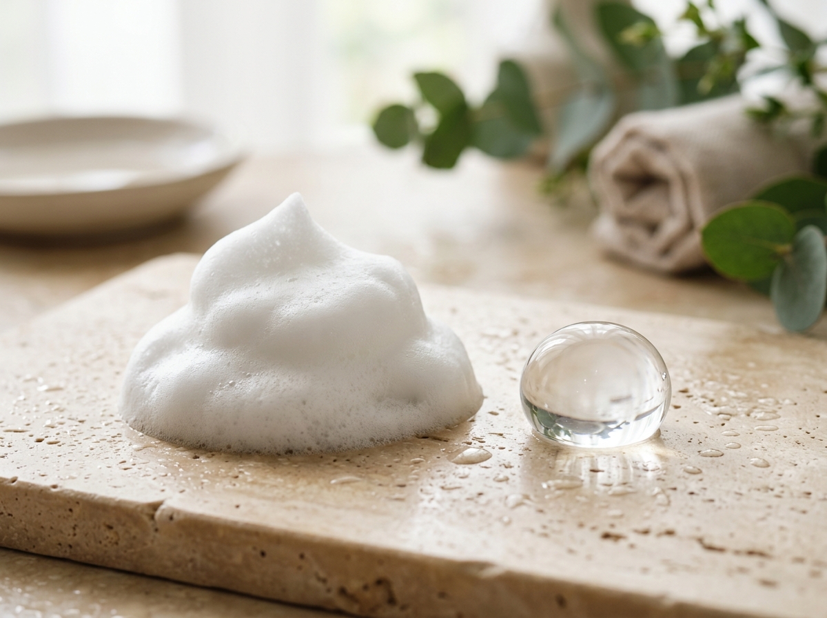 Rich micro-bubble cleanser foam and purifying gel droplet on stone