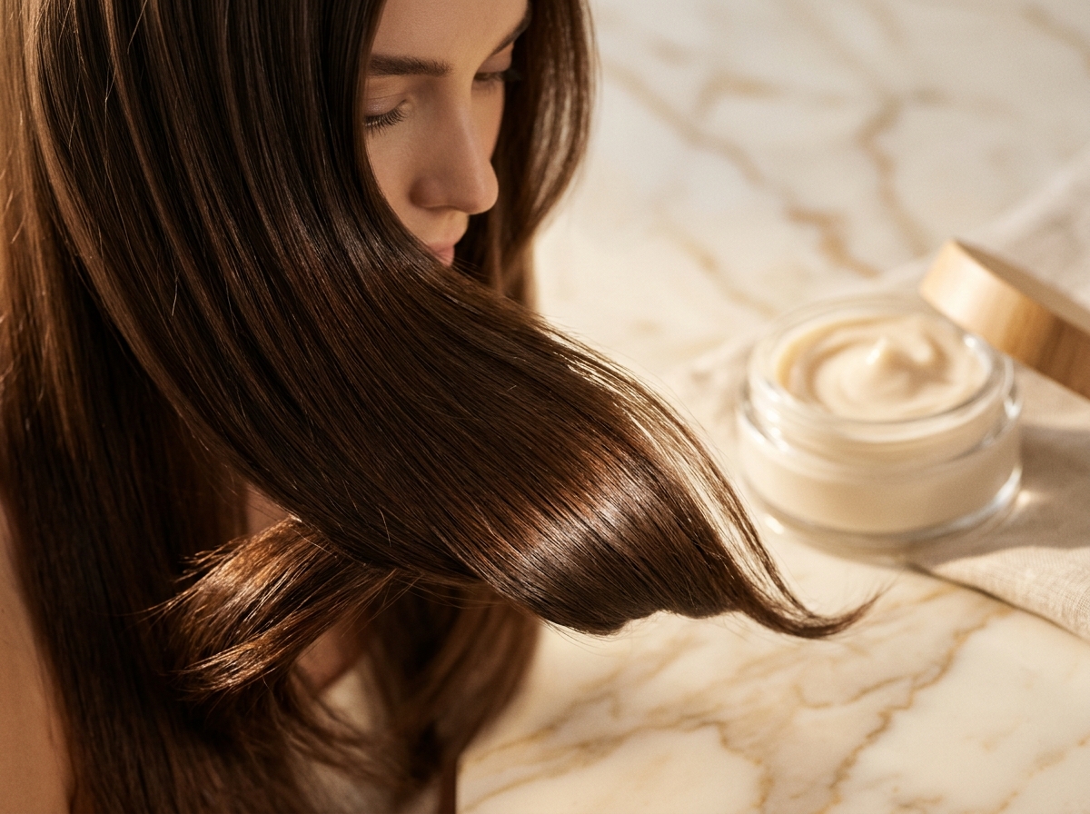 Silky, shiny flowing hair with luxury conditioning treatment jar