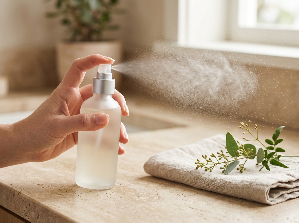 Fine mist spray bottle dispensing airborne leave-in hair and scalp mist