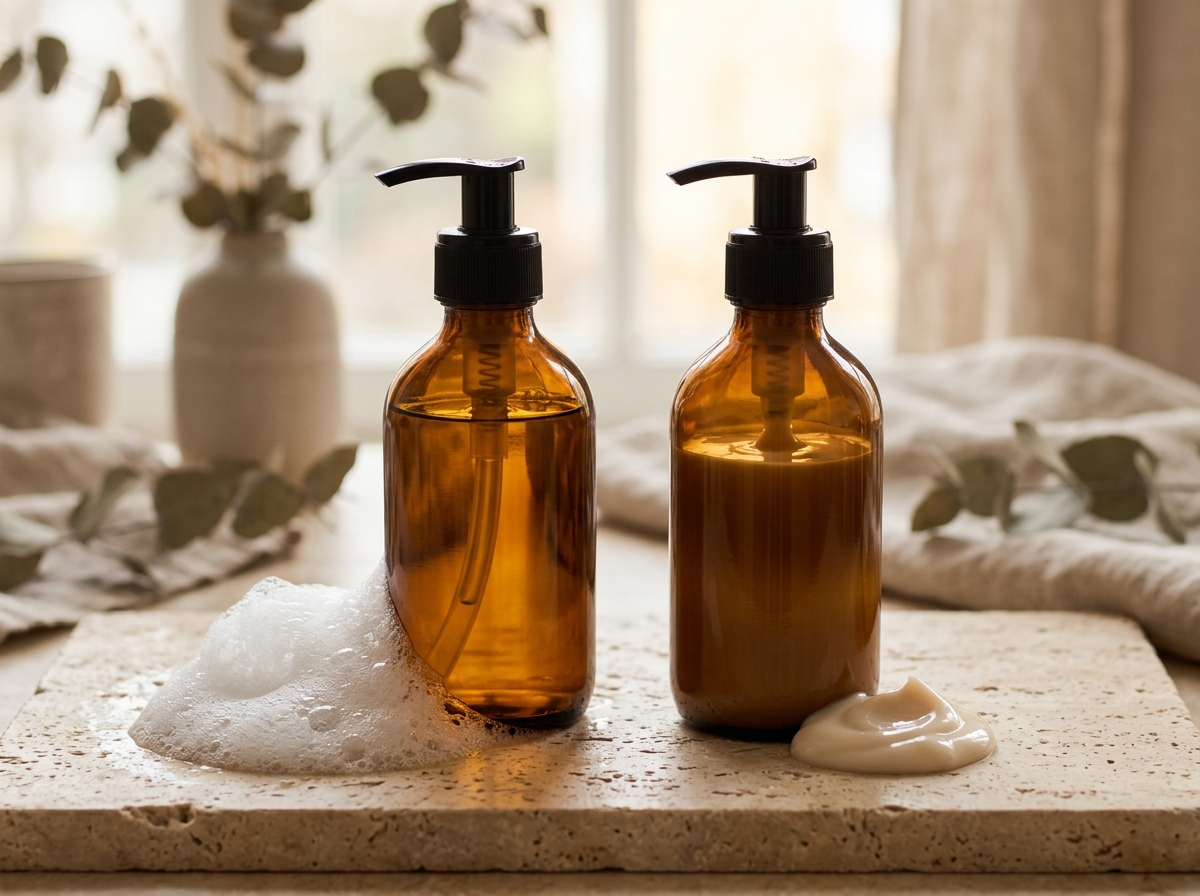 Amber glass cosmetic pump bottles and gentle body cleanser foam