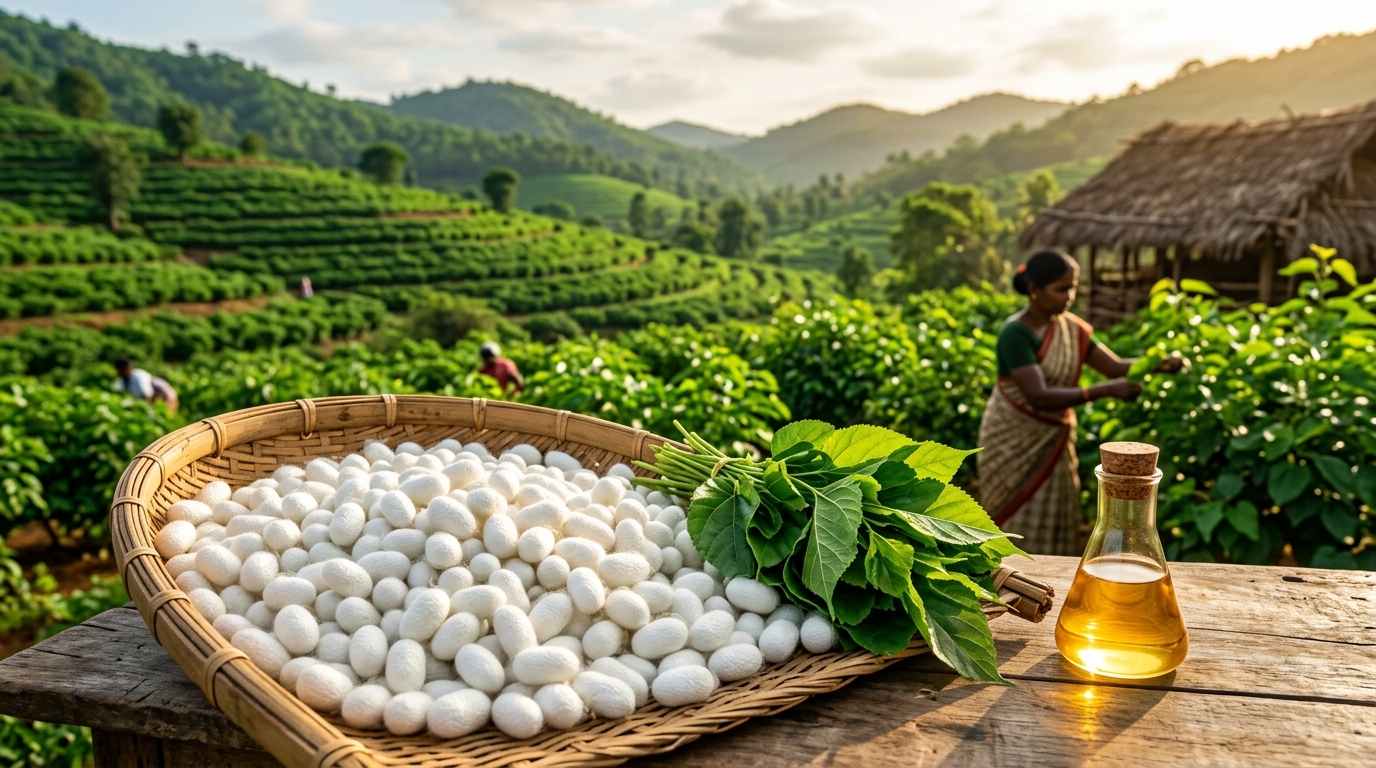 Sericulture harvest with white silk cocoons, fresh mulberry leaves, and golden liquid silk essence overlooking lush green Karnataka hills