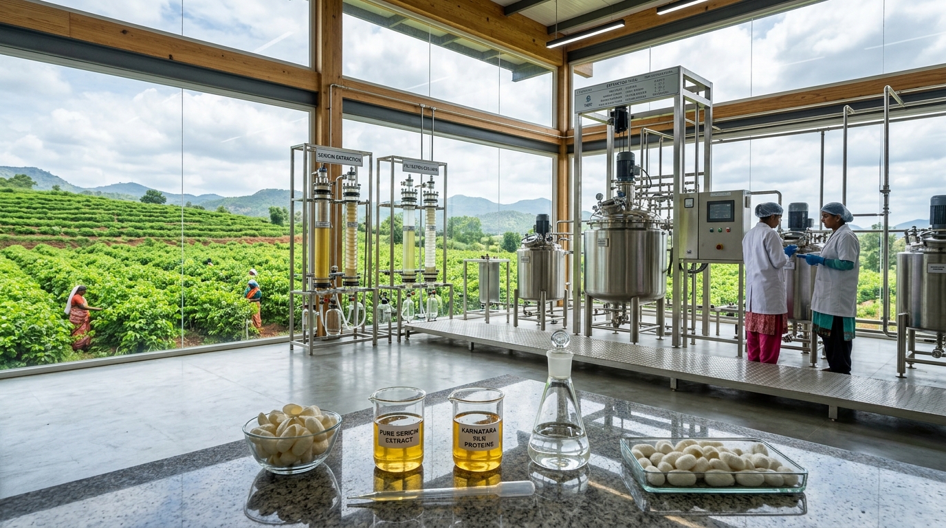 Pure water silk extraction and degumming facility overlooking green mulberry groves in Karnataka