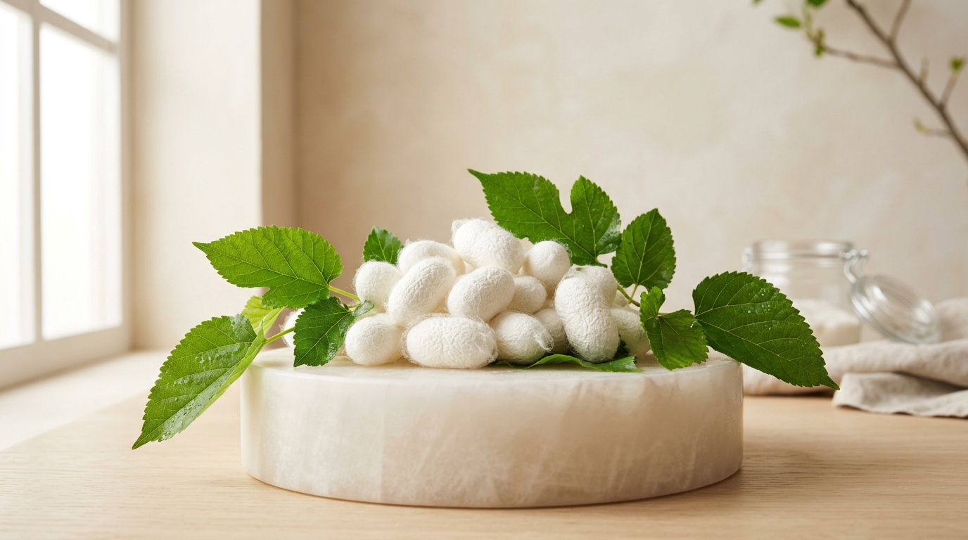 Silk cocoons with fresh green mulberry leaves