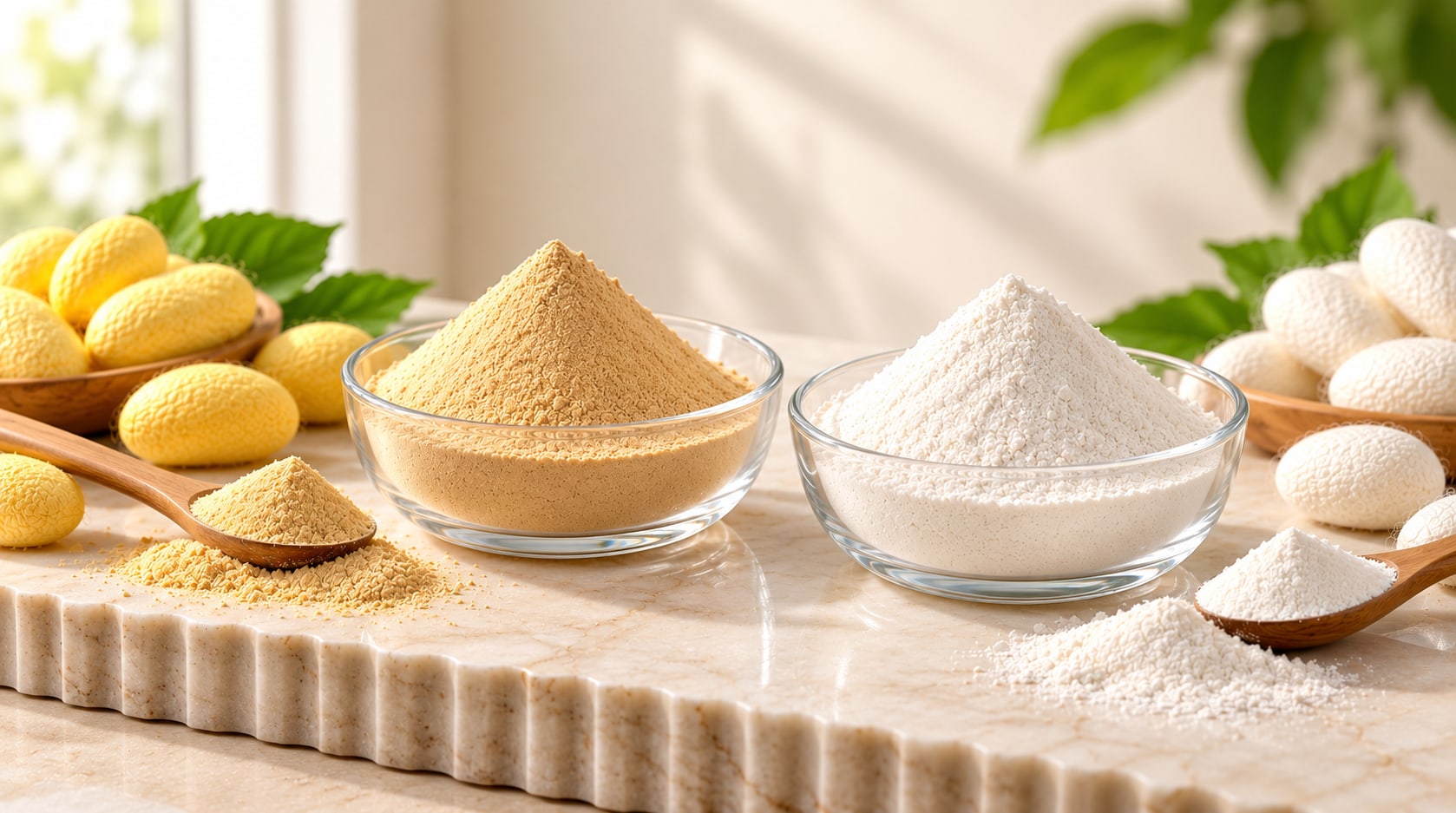 Naturally golden and white silk protein powders in glass bowls on fluted marble, beside yellow multivoltine and white bivoltine silk cocoons