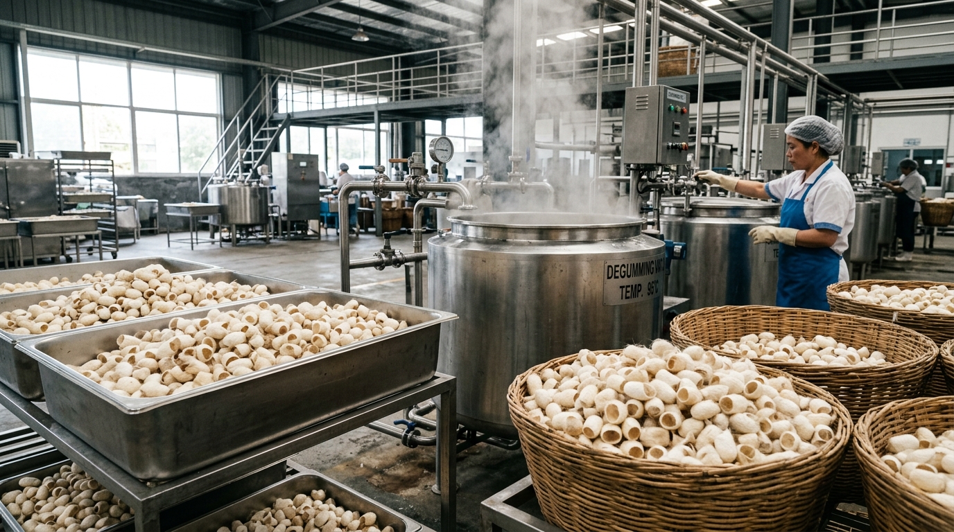 Authentic silk processing facility with cut cocoon shells in stainless steel trays and hot water degumming vats