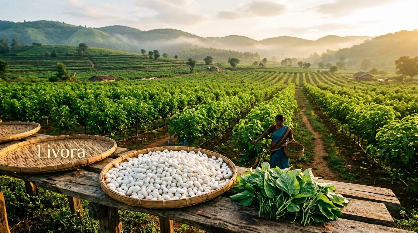 Sericulture mulberry plantation with silk cocoons in a lush green landscape