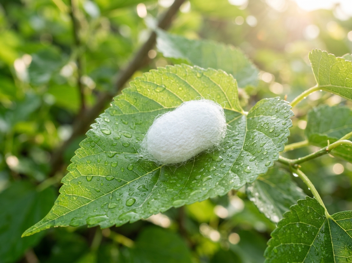 Silk cocoon on mulberry leaf